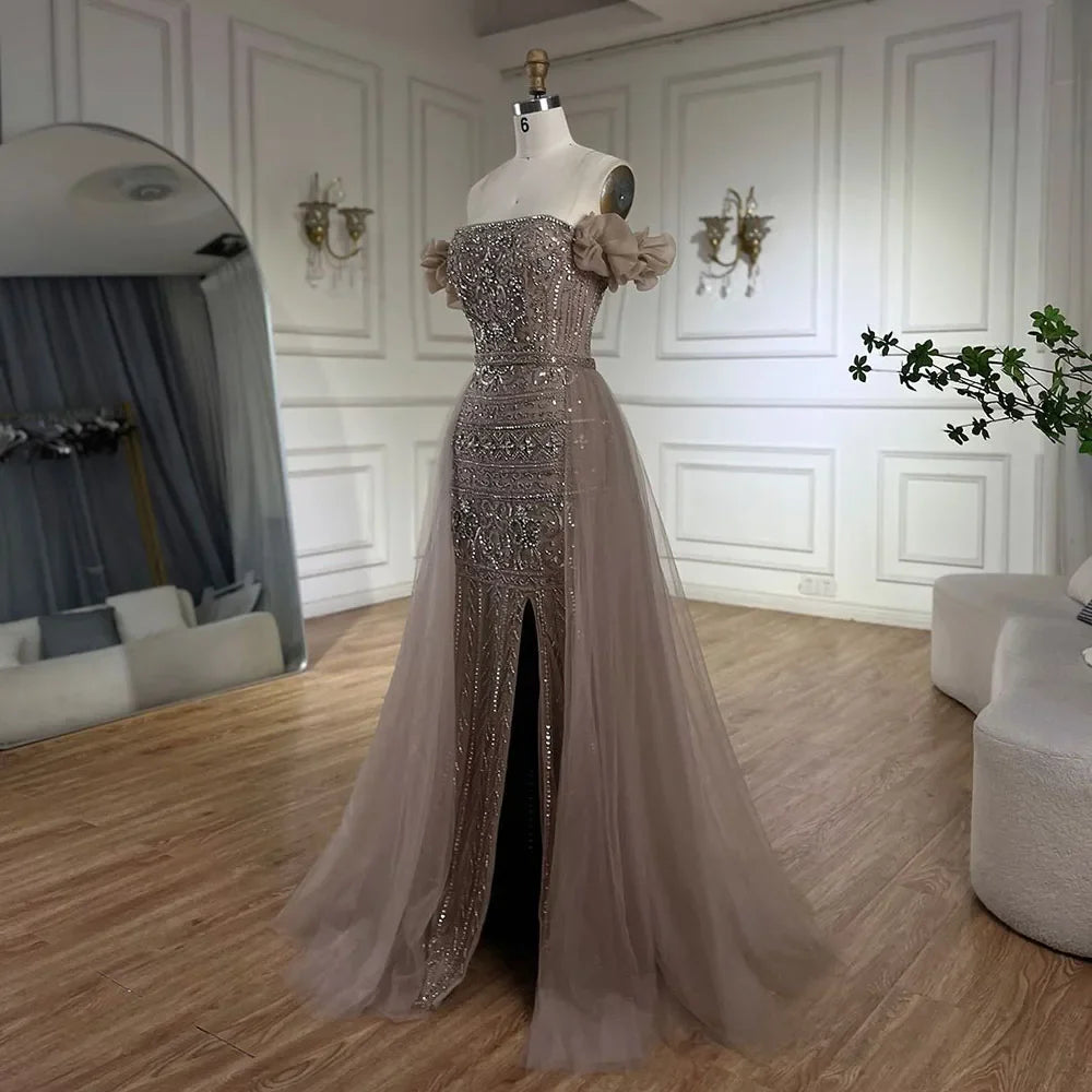 Caramel Beaded Evening Dress with Detachable Overskirt LA72603