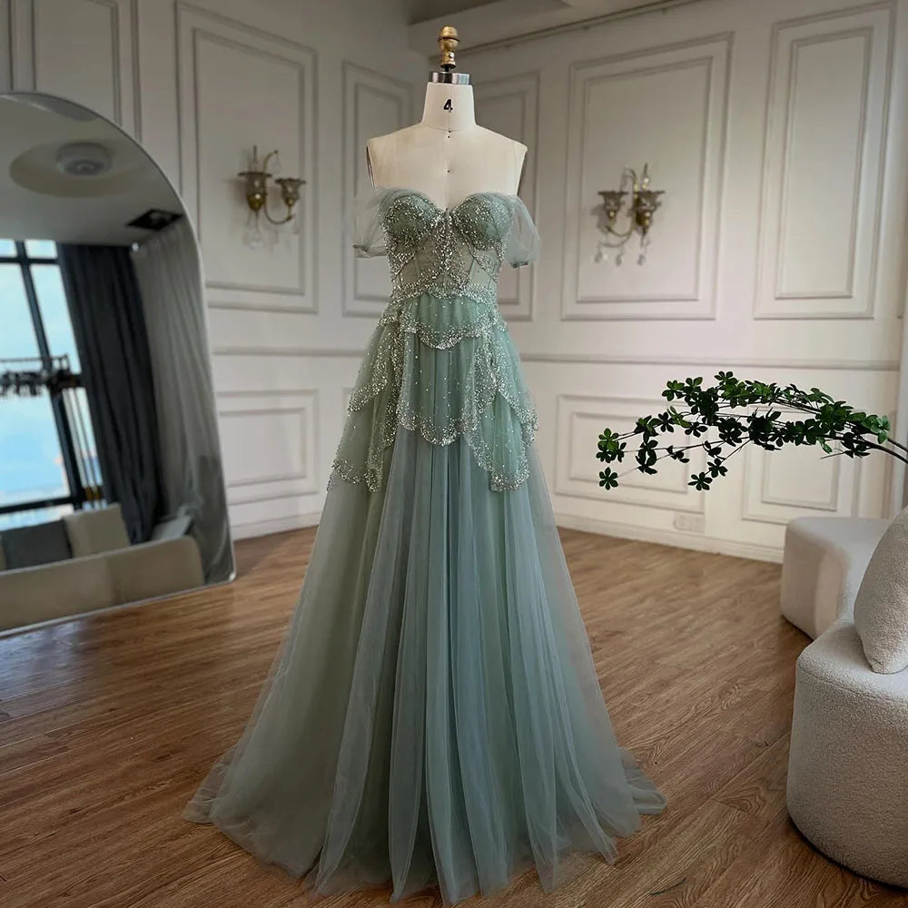 Luxury Sage Green Beaded A-Line Off-Shoulder Evening Dress LA72605