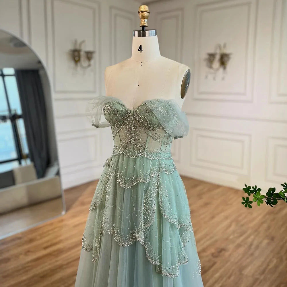 Luxury Sage Green Beaded A-Line Off-Shoulder Evening Dress LA72605