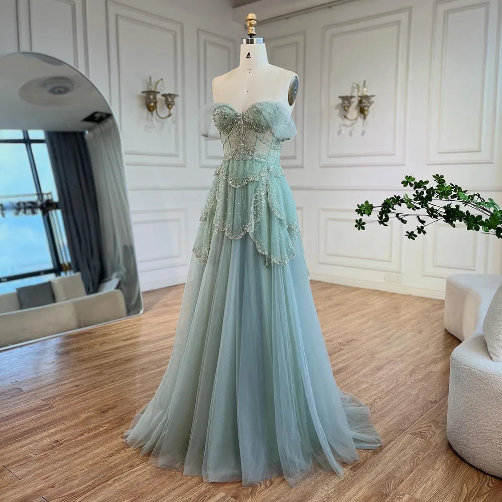 Luxury Sage Green Beaded A-Line Off-Shoulder Evening Dress LA72605