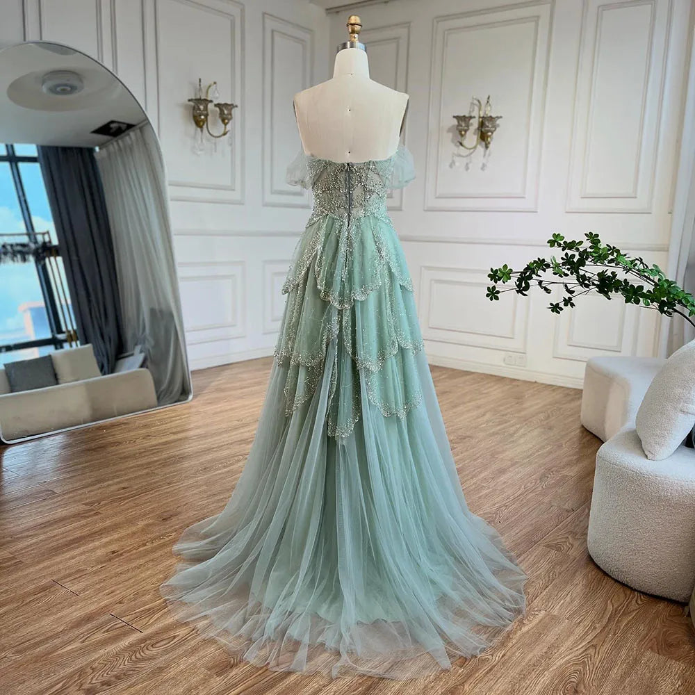 Luxury Sage Green Beaded A-Line Off-Shoulder Evening Dress LA72605