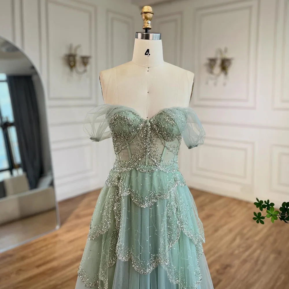 Luxury Sage Green Beaded A-Line Off-Shoulder Evening Dress LA72605