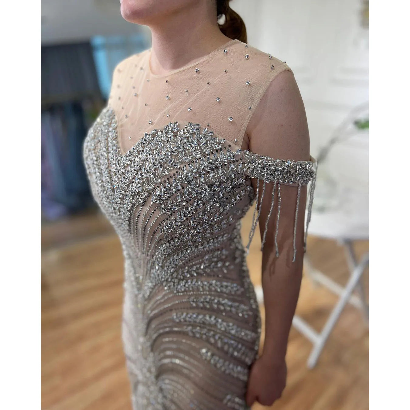 Serene Hill Arabic Silver Nude Mermaid Elegant Tassel Beaded Luxury Dubai Evening Dresses Gowns For Women Party LA71906