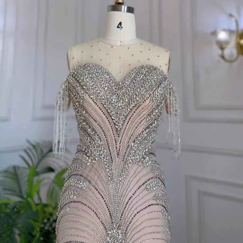 Serene Hill Arabic Silver Nude Mermaid Elegant Tassel Beaded Luxury Dubai Evening Dresses Gowns For Women Party LA71906