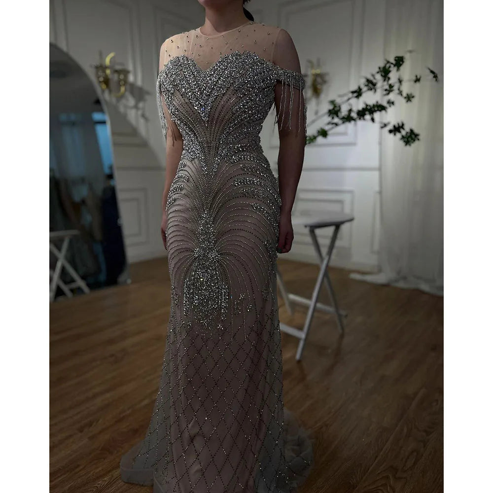 Serene Hill Arabic Silver Nude Mermaid Elegant Tassel Beaded Luxury Dubai Evening Dresses Gowns For Women Party LA71906