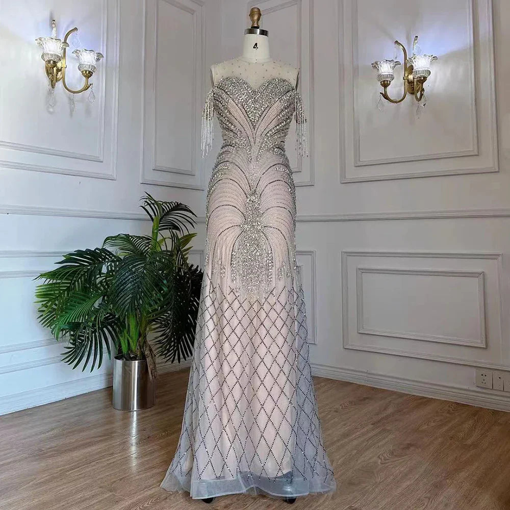 Serene Hill Arabic Silver Nude Mermaid Elegant Tassel Beaded Luxury Dubai Evening Dresses Gowns For Women Party LA71906