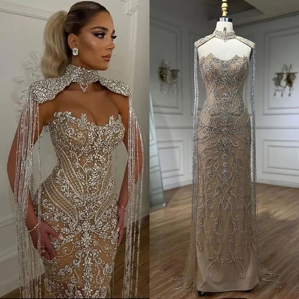 Arabic Nude Mermaid Tassel Beaded Luxury Evening Dress Gown LA72237