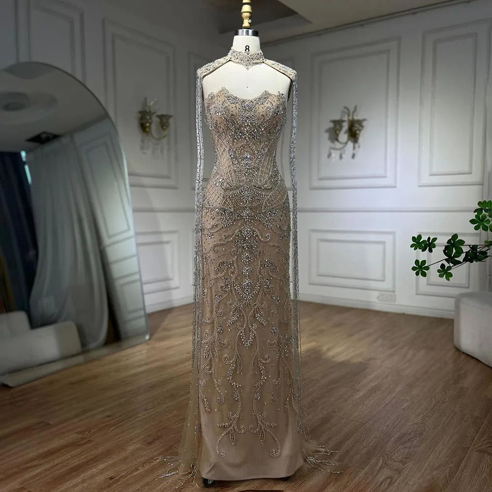 Arabic Nude Mermaid Tassel Beaded Luxury Evening Dress Gown LA72237