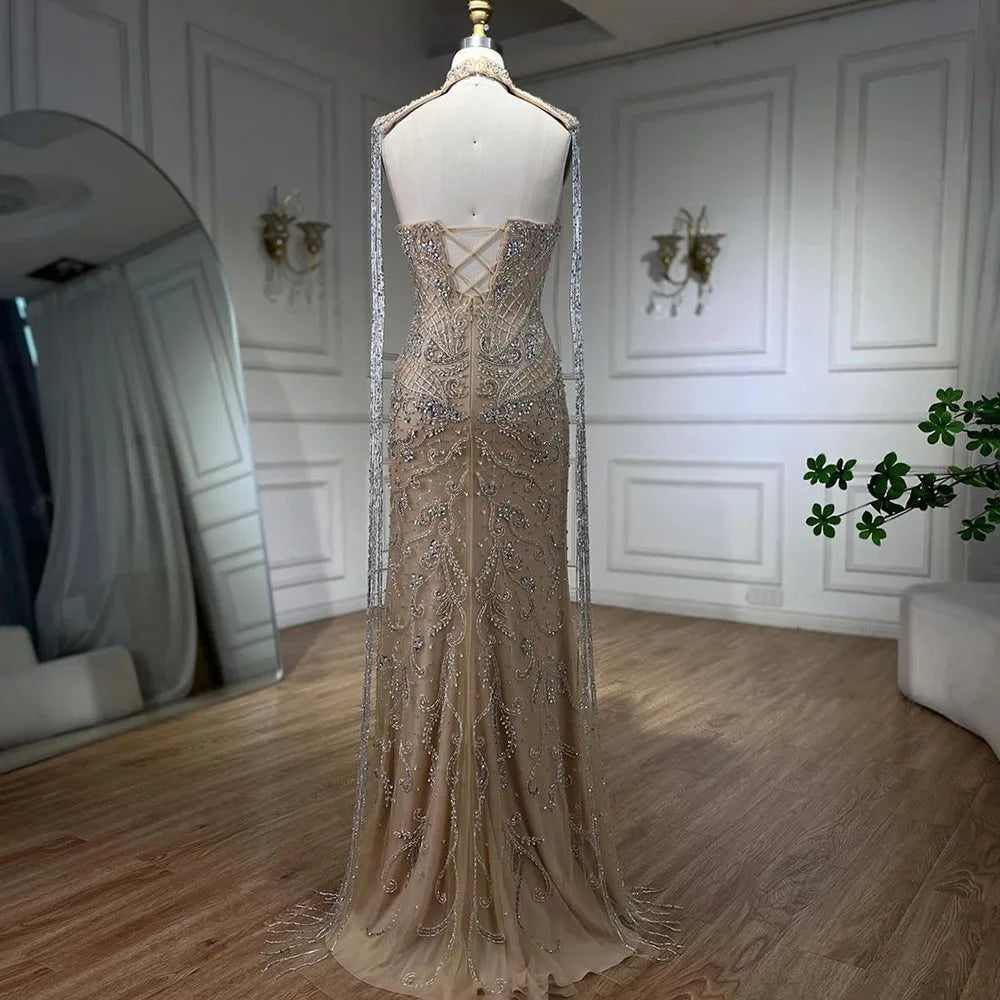 Arabic Nude Mermaid Tassel Beaded Luxury Evening Dress Gown LA72237