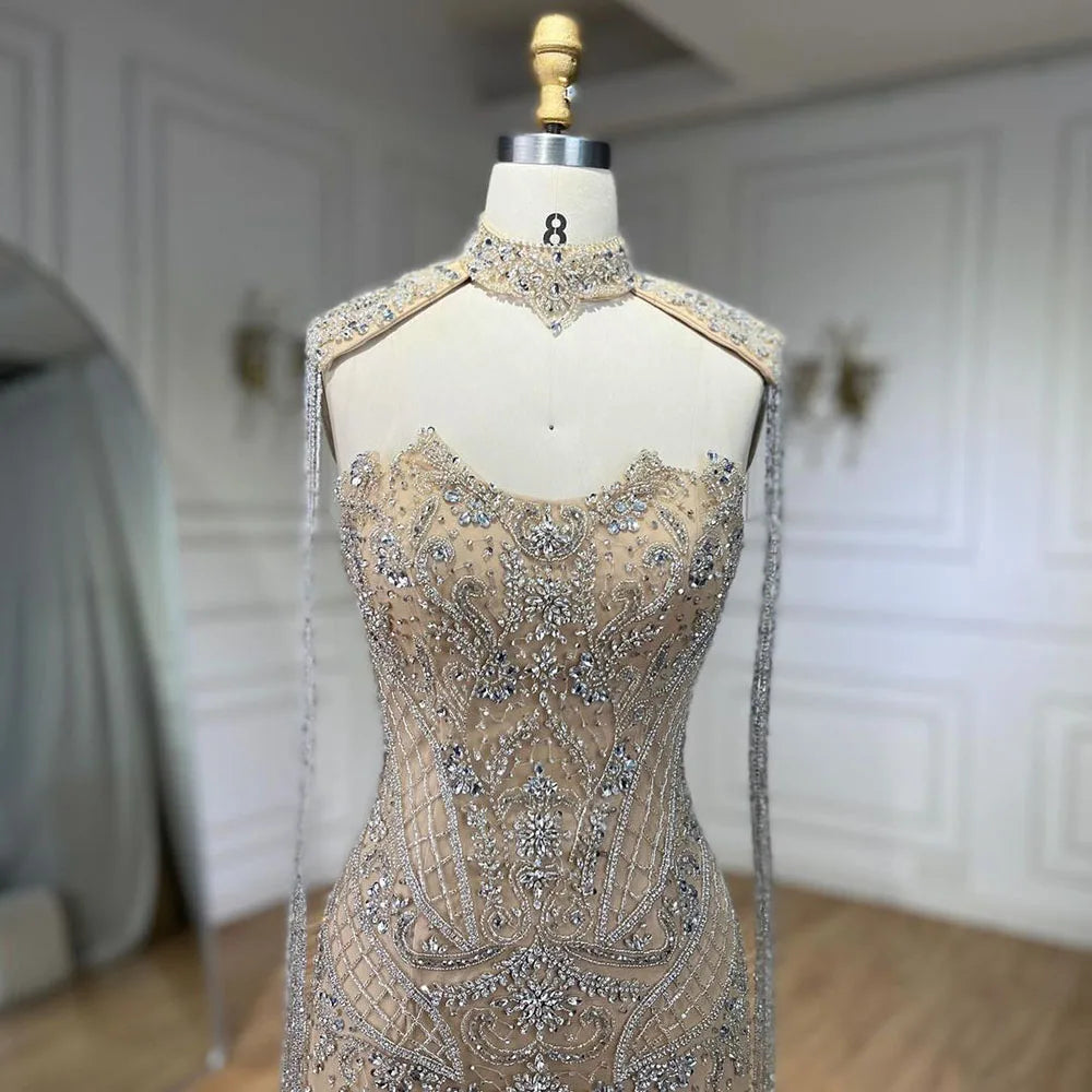 Arabic Nude Mermaid Tassel Beaded Luxury Evening Dress Gown LA72237
