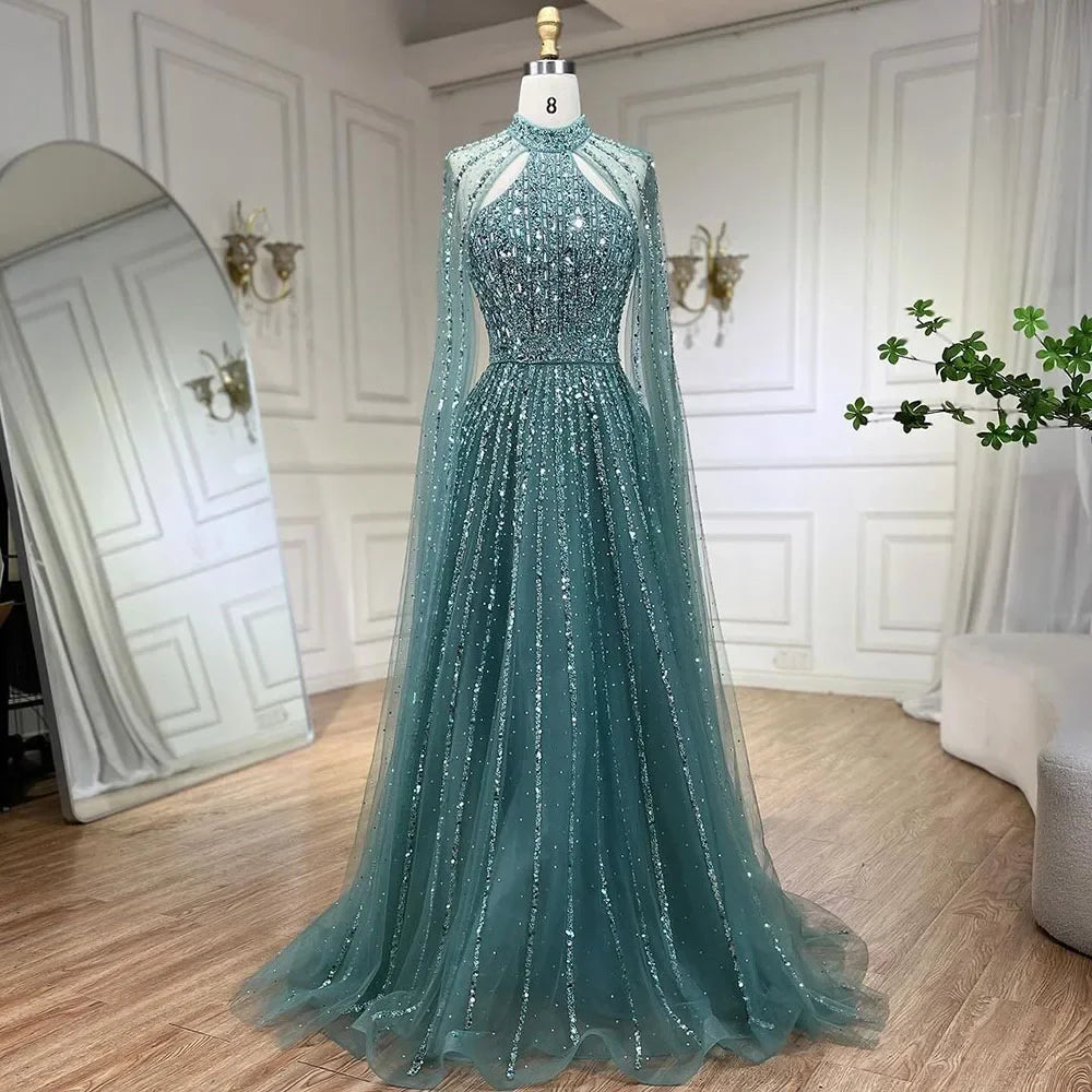 Luxury Turquoise A-Line Cape Sleeve Beaded Evening Dress Plus Size LA72306A