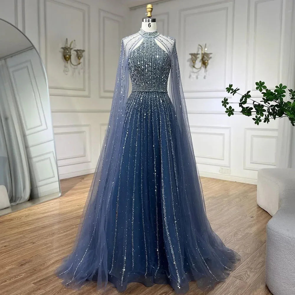 Luxury Turquoise A-Line Cape Sleeve Beaded Evening Dress Plus Size LA72306A