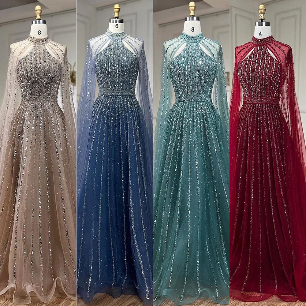 Luxury Turquoise A-Line Cape Sleeve Beaded Evening Dress Plus Size LA72306A
