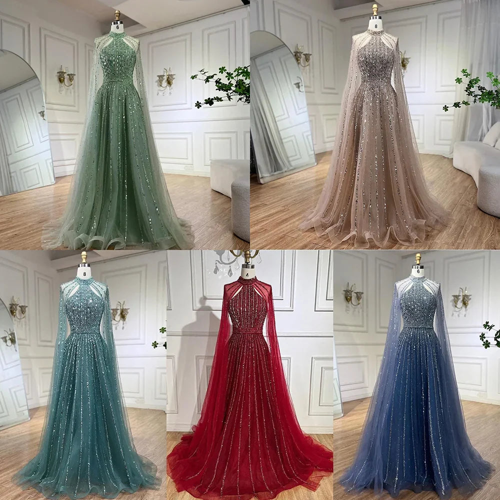 Luxury Turquoise A-Line Cape Sleeve Beaded Evening Dress Plus Size LA72306A