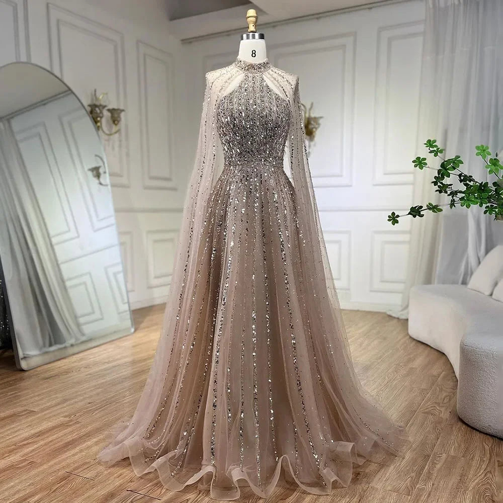 Luxury Turquoise A-Line Cape Sleeve Beaded Evening Dress Plus Size LA72306A
