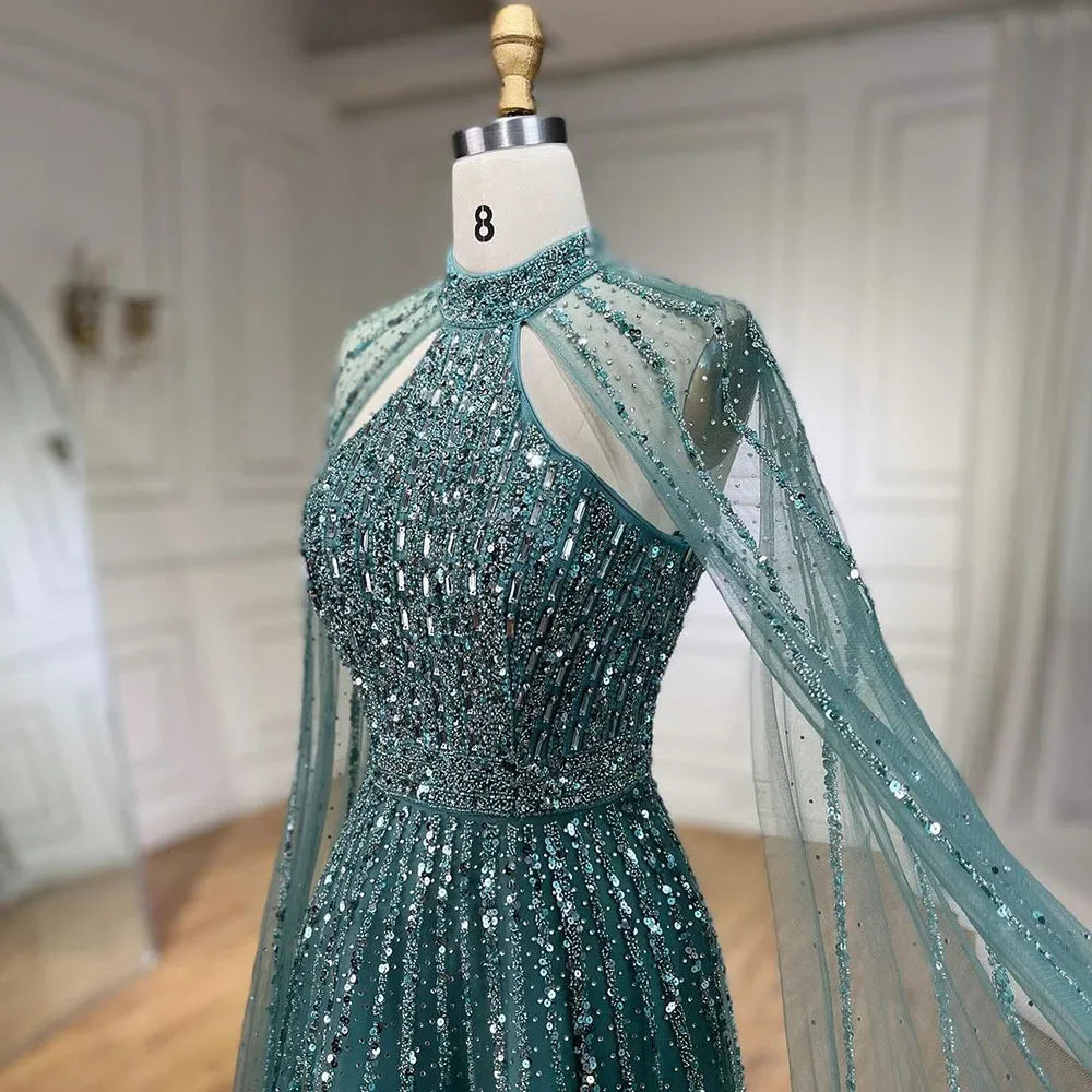 Luxury Turquoise A-Line Cape Sleeve Beaded Evening Dress Plus Size LA72306A