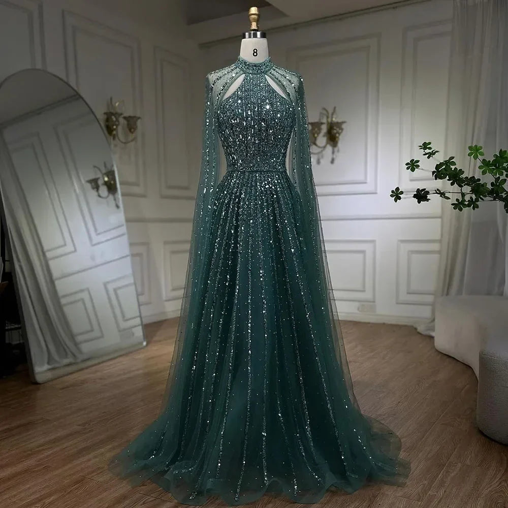 Luxury Turquoise A-Line Cape Sleeve Beaded Evening Dress Plus Size LA72306A