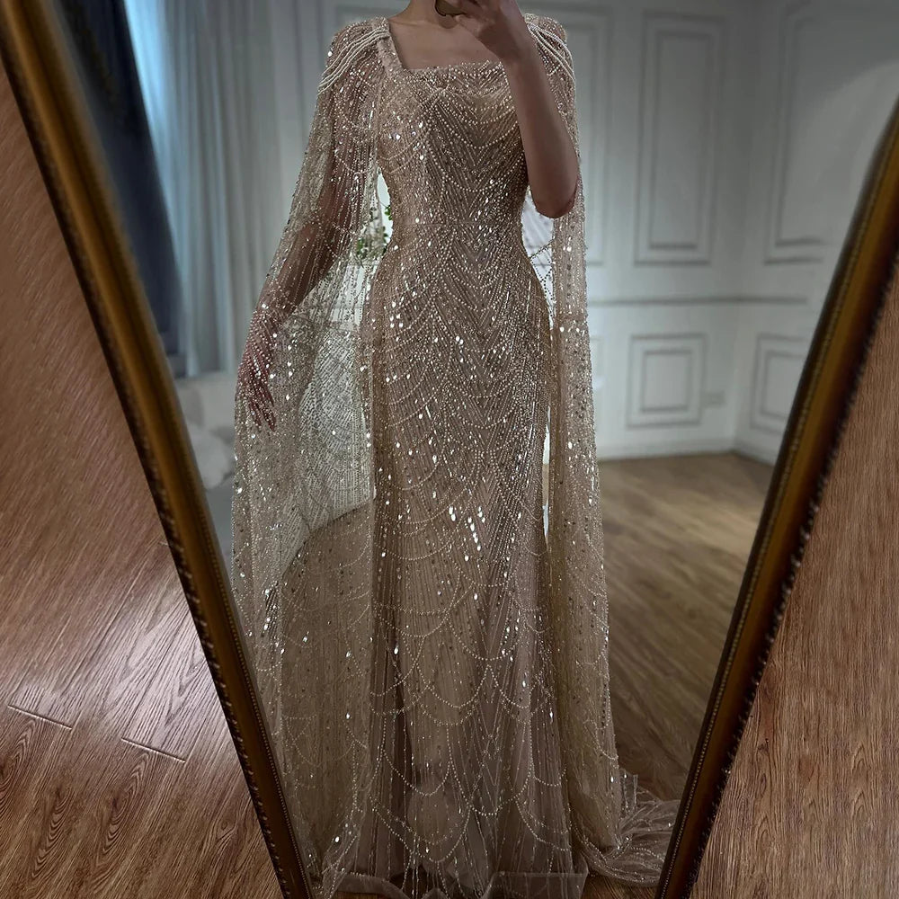 Luxury Turquoise Beaded Pearl Arabic Evening Dress with Cape Sleeves LA72590