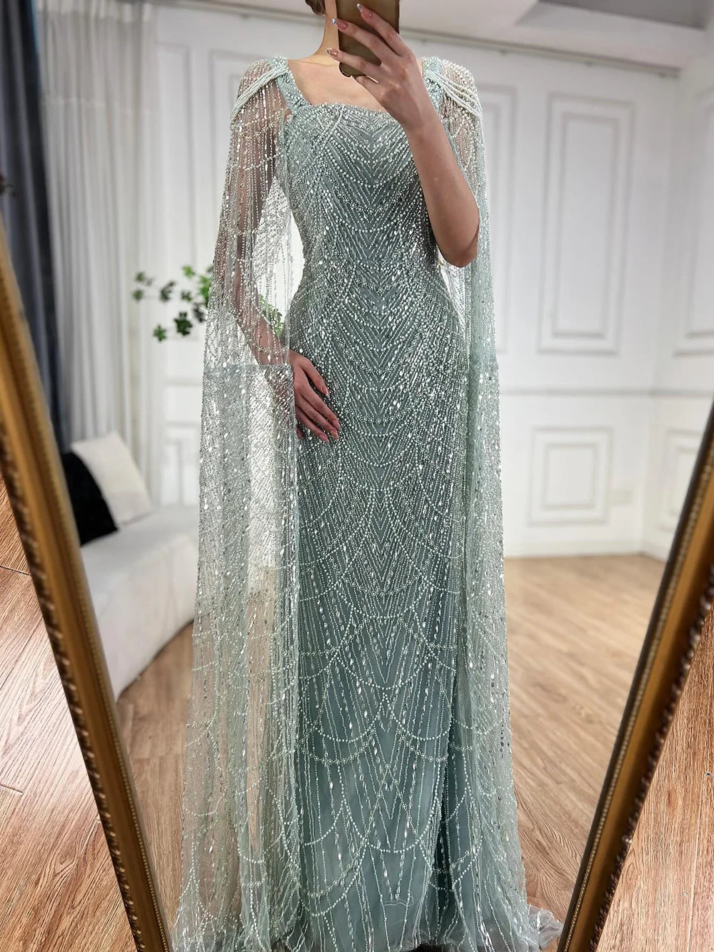 Luxury Turquoise Beaded Pearl Arabic Evening Dress with Cape Sleeves LA72590