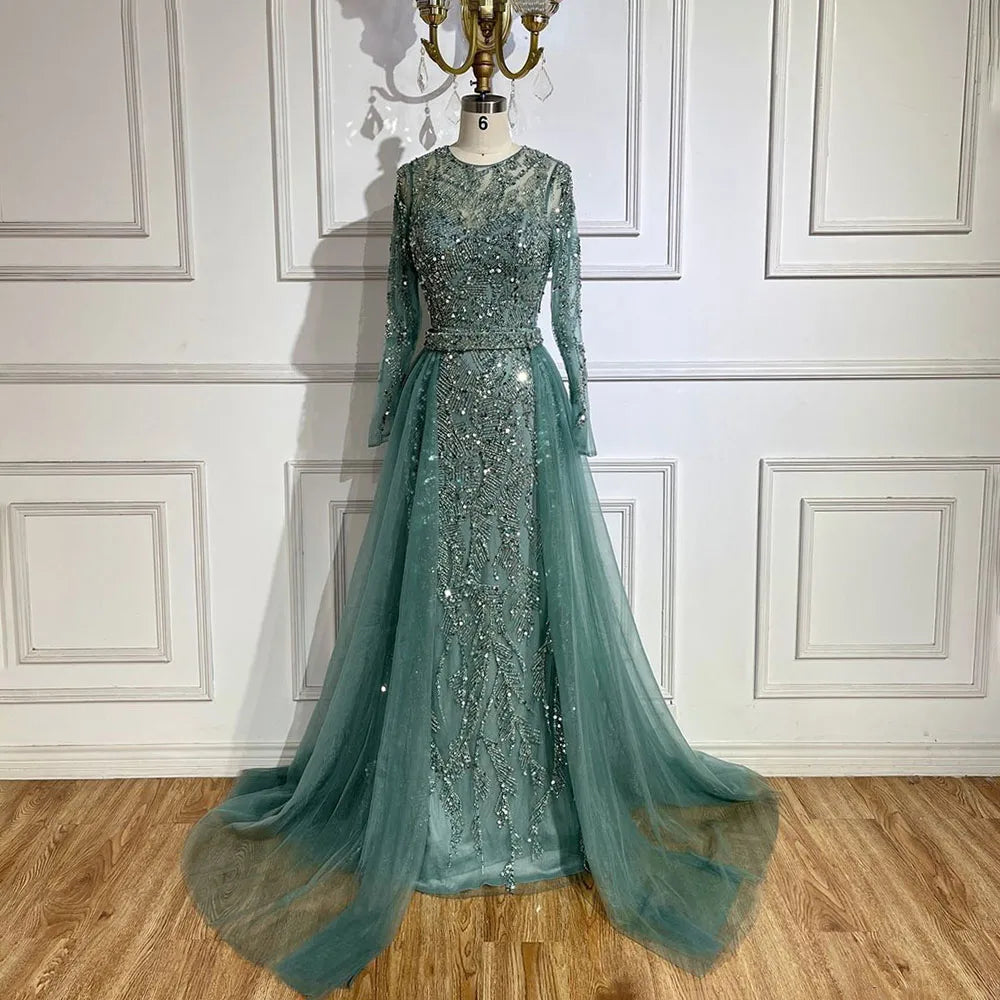Luxury Dubai Turquoise Beaded Evening Dress with Tulle LA72601
