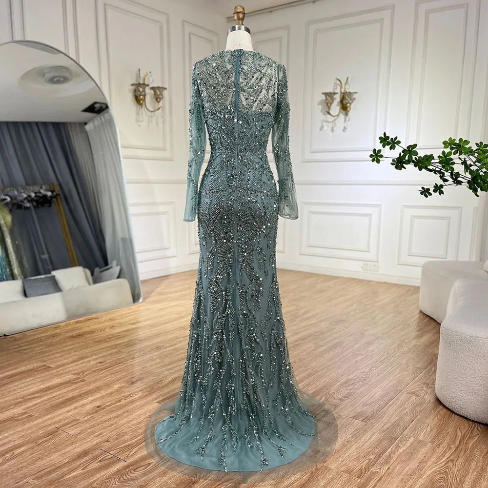 Luxury Dubai Turquoise Beaded Evening Dress with Tulle LA72601