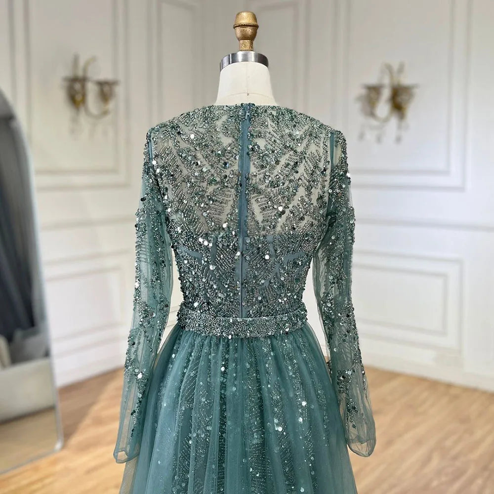 Luxury Dubai Turquoise Beaded Evening Dress with Tulle LA72601