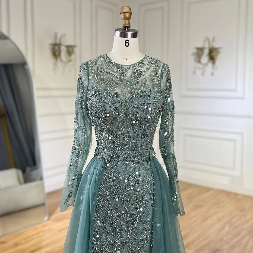 Luxury Dubai Turquoise Beaded Evening Dress with Tulle LA72601
