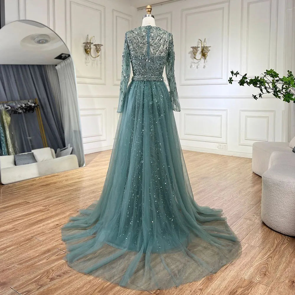 Luxury Dubai Turquoise Beaded Evening Dress with Tulle LA72601
