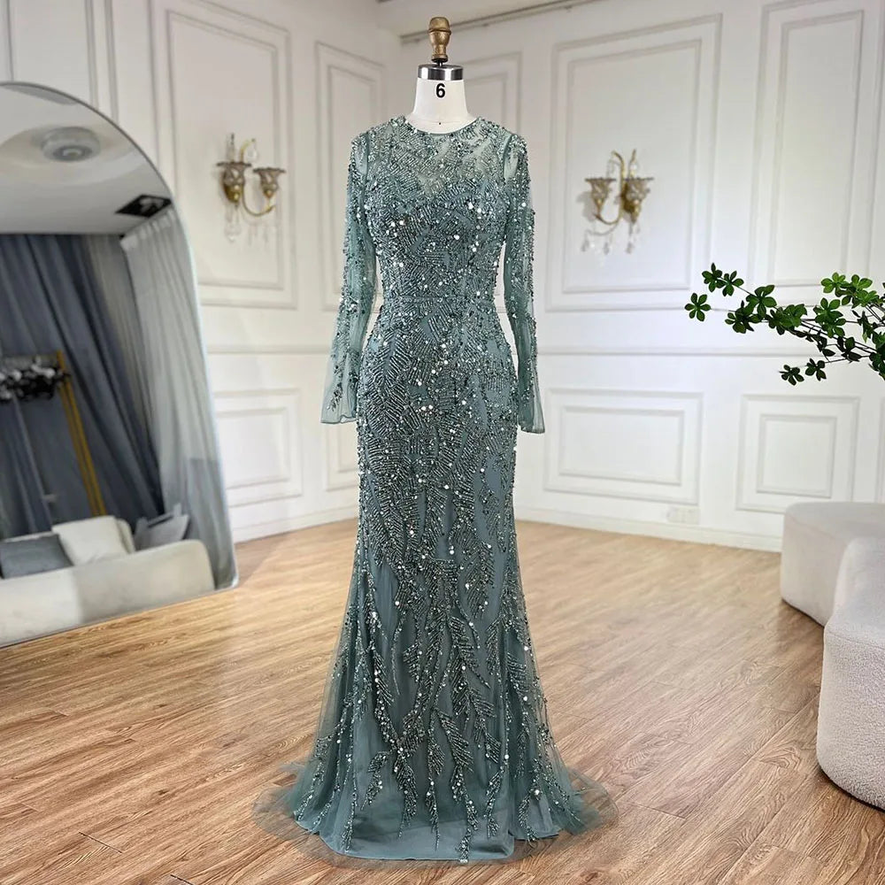 Luxury Dubai Turquoise Beaded Evening Dress with Tulle LA72601