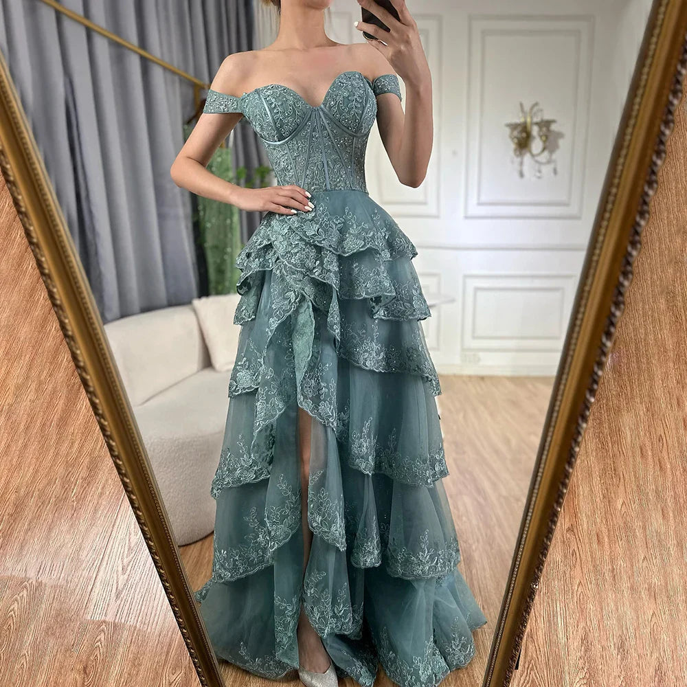Luxury Dubai Arabic Turquoise Shoulder Strap Tiered Beaded Evening Gown with Front Split for Formal Occasion LA72593A