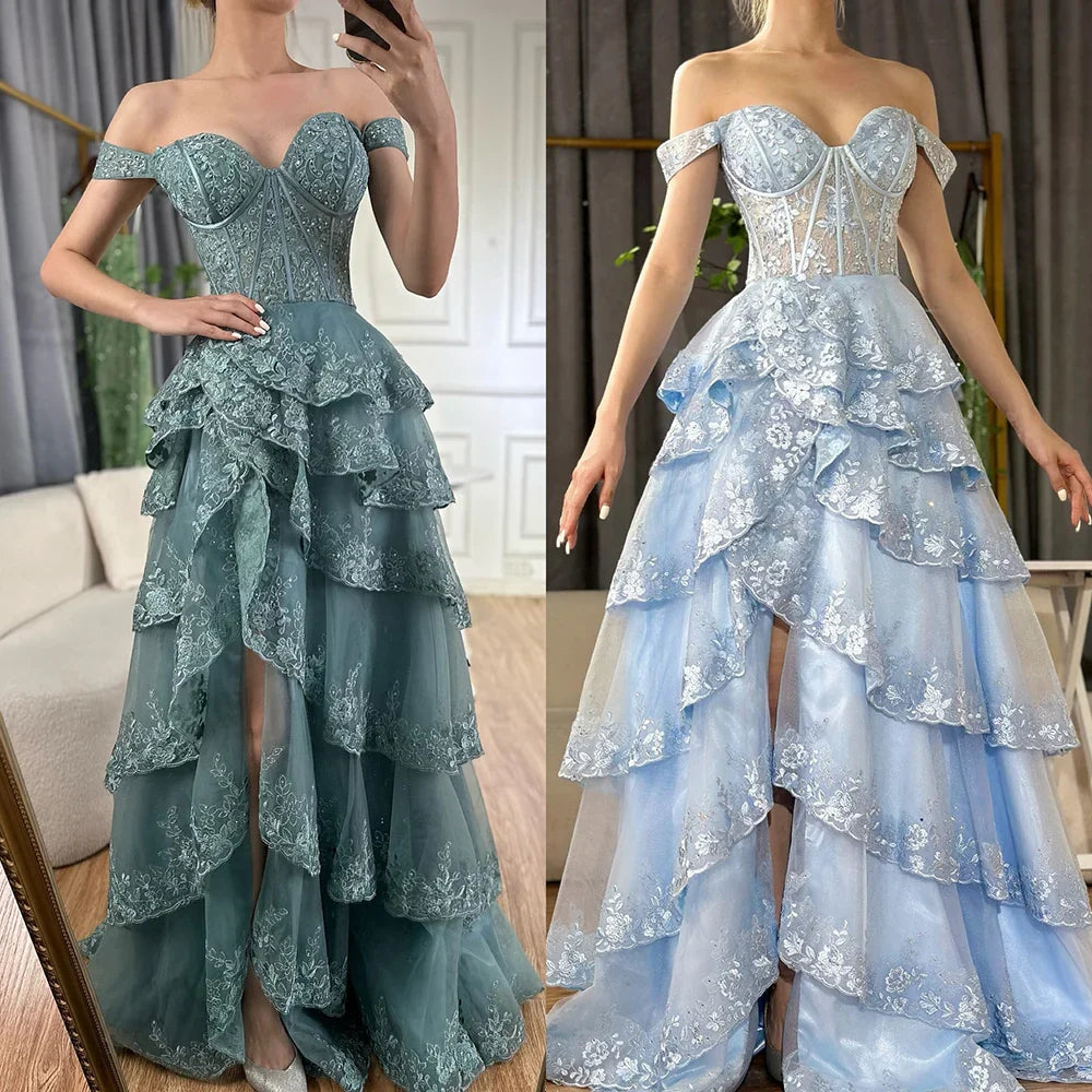 Luxury Dubai Arabic Turquoise Shoulder Strap Tiered Beaded Evening Gown with Front Split for Formal Occasion LA72593A