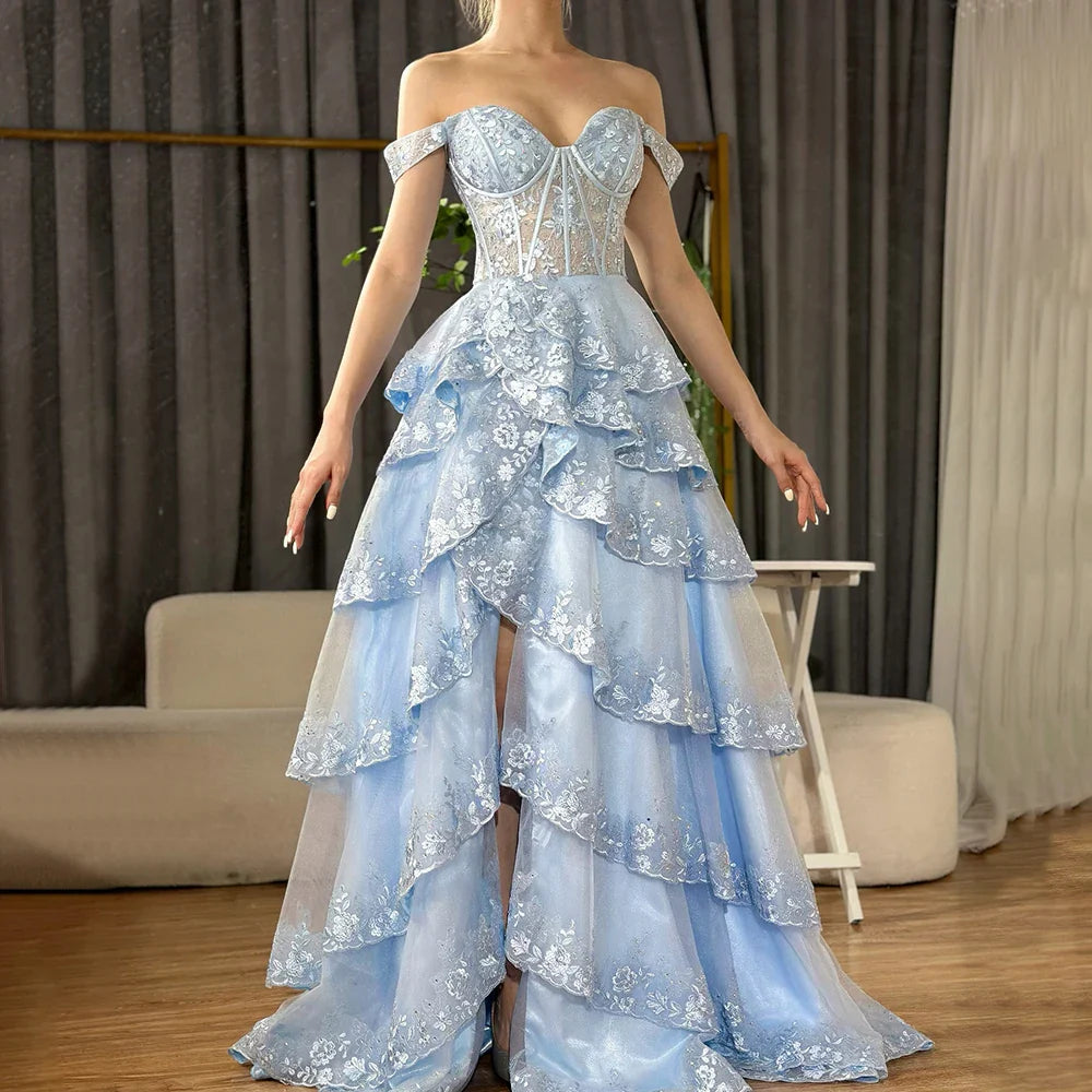 Luxury Dubai Arabic Turquoise Shoulder Strap Tiered Beaded Evening Gown with Front Split for Formal Occasion LA72593A