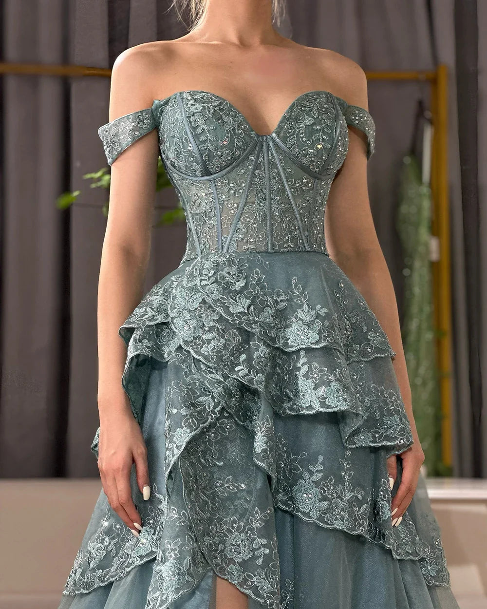 Luxury Dubai Arabic Turquoise Shoulder Strap Tiered Beaded Evening Gown with Front Split for Formal Occasion LA72593A