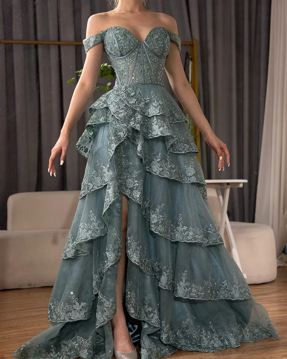 Luxury Dubai Arabic Turquoise Shoulder Strap Tiered Beaded Evening Gown with Front Split for Formal Occasion LA72593A