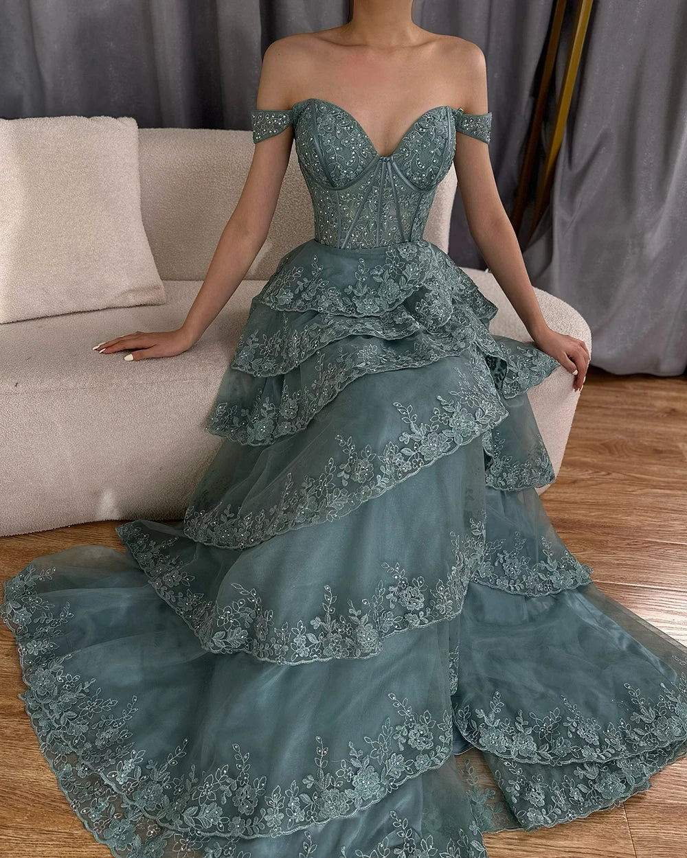 Luxury Dubai Arabic Turquoise Shoulder Strap Tiered Beaded Evening Gown with Front Split for Formal Occasion LA72593A