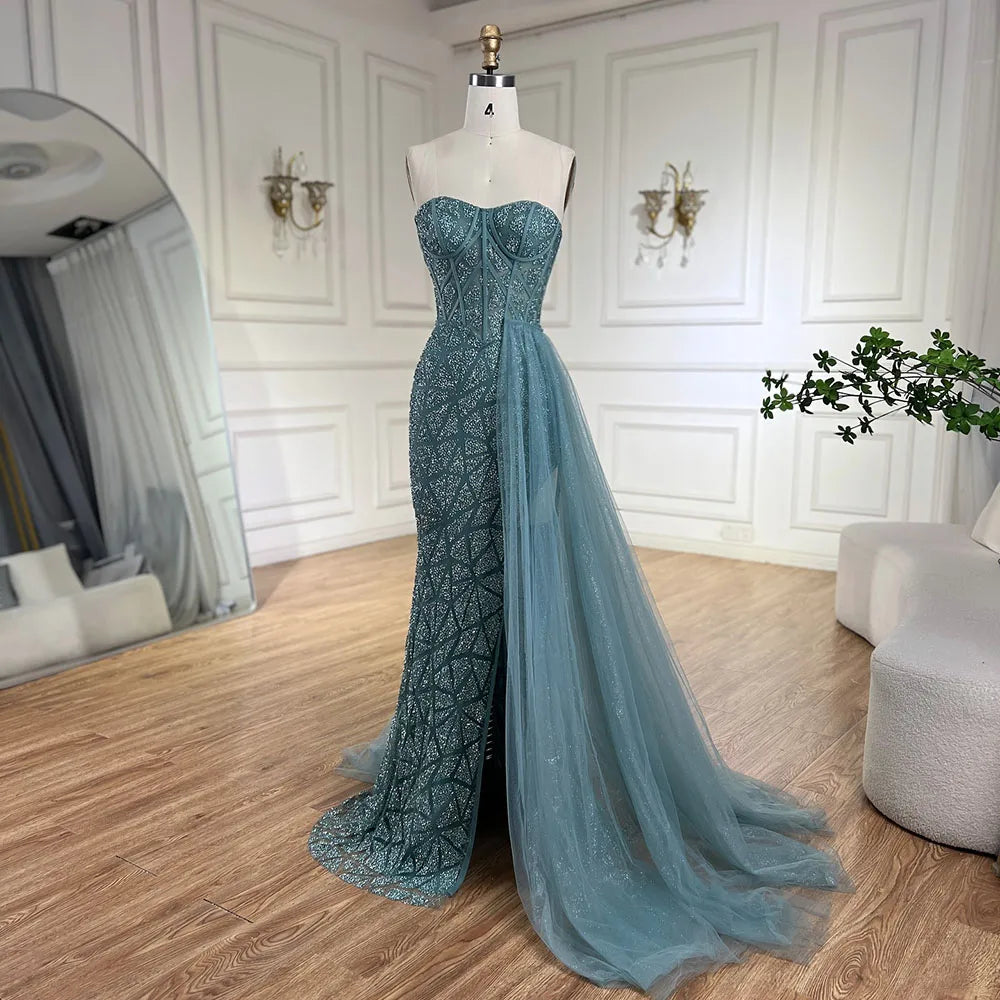 Serene Hill Arabic Turquoise High-Split Mermaid Beaded Luxury Evening Gown for Women Wedding Party 2025 LA72610