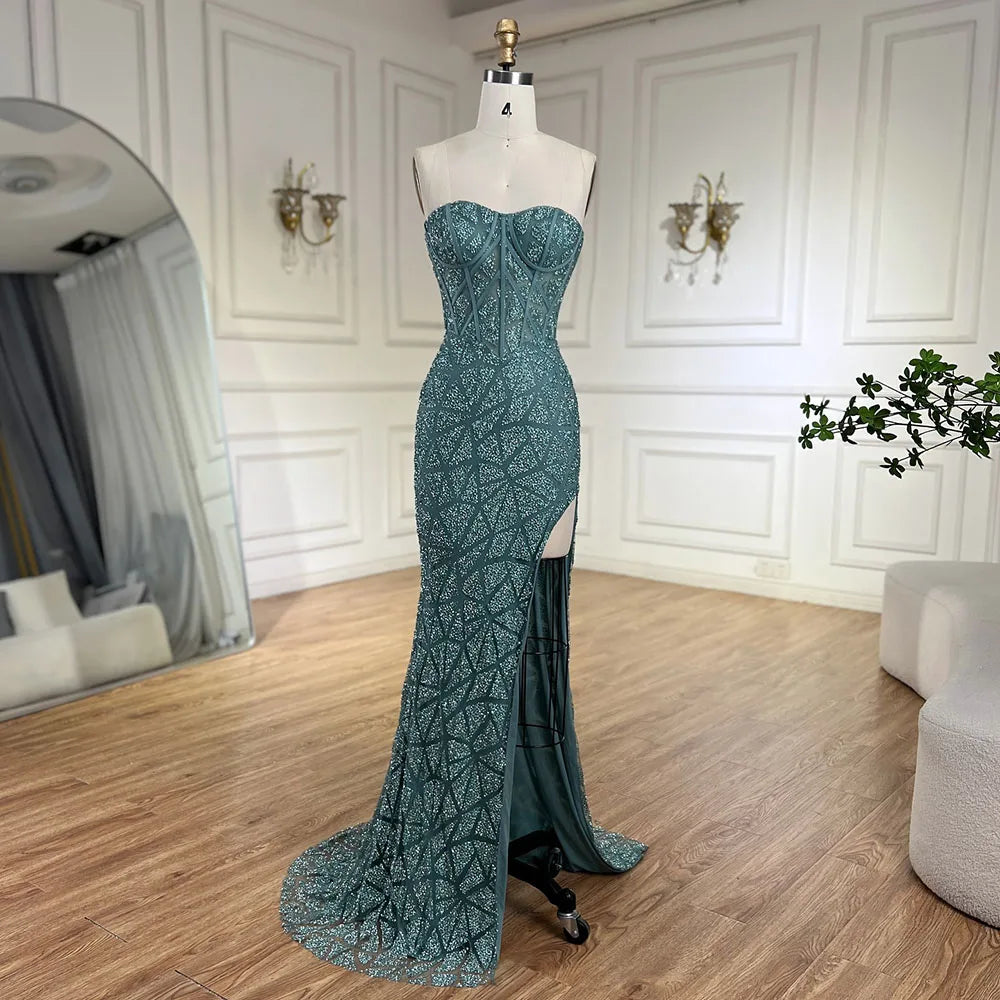 Serene Hill Arabic Turquoise High-Split Mermaid Beaded Luxury Evening Gown for Women Wedding Party 2025 LA72610