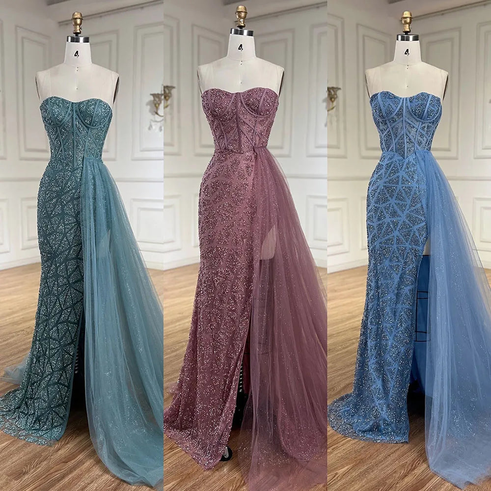 Serene Hill Arabic Turquoise High-Split Mermaid Beaded Luxury Evening Gown for Women Wedding Party 2025 LA72610