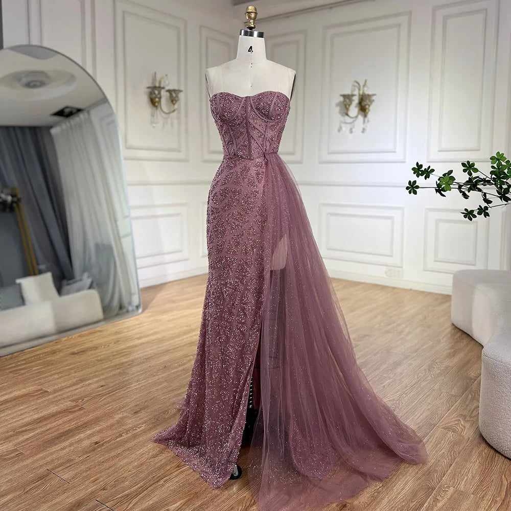 Serene Hill Arabic Turquoise High-Split Mermaid Beaded Luxury Evening Gown for Women Wedding Party 2025 LA72610