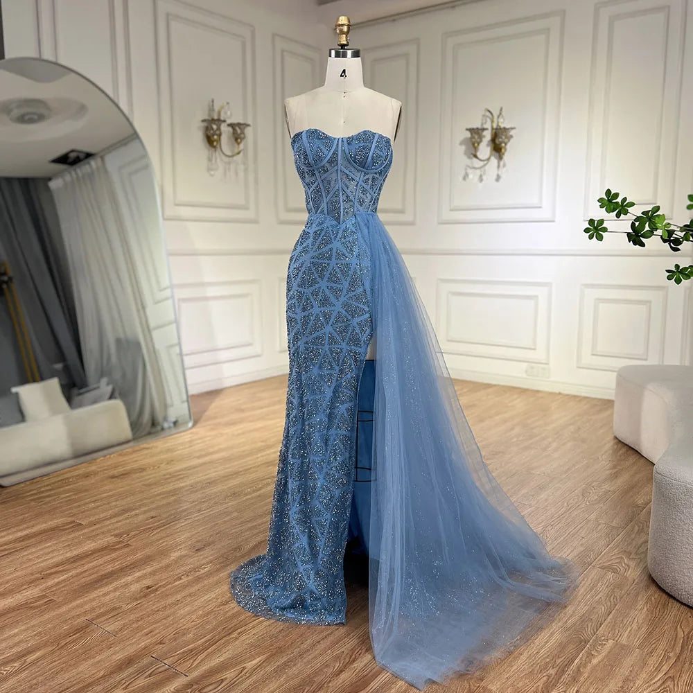Serene Hill Arabic Turquoise High-Split Mermaid Beaded Luxury Evening Gown for Women Wedding Party 2025 LA72610