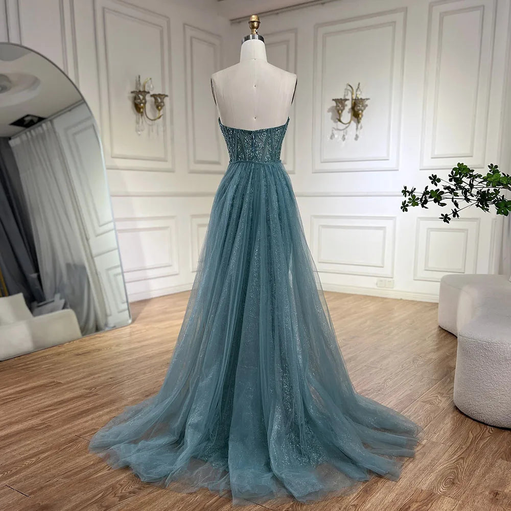 Serene Hill Arabic Turquoise High-Split Mermaid Beaded Luxury Evening Gown for Women Wedding Party 2025 LA72610