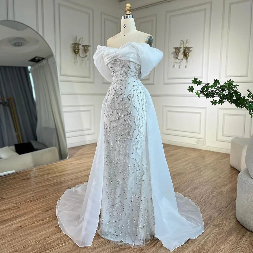 Luxury Dubai Arabic White Beaded Mermaid Elegant With Overskirt Luxury Dubai Evening Dresses Gowns for Women's Party LA72398
