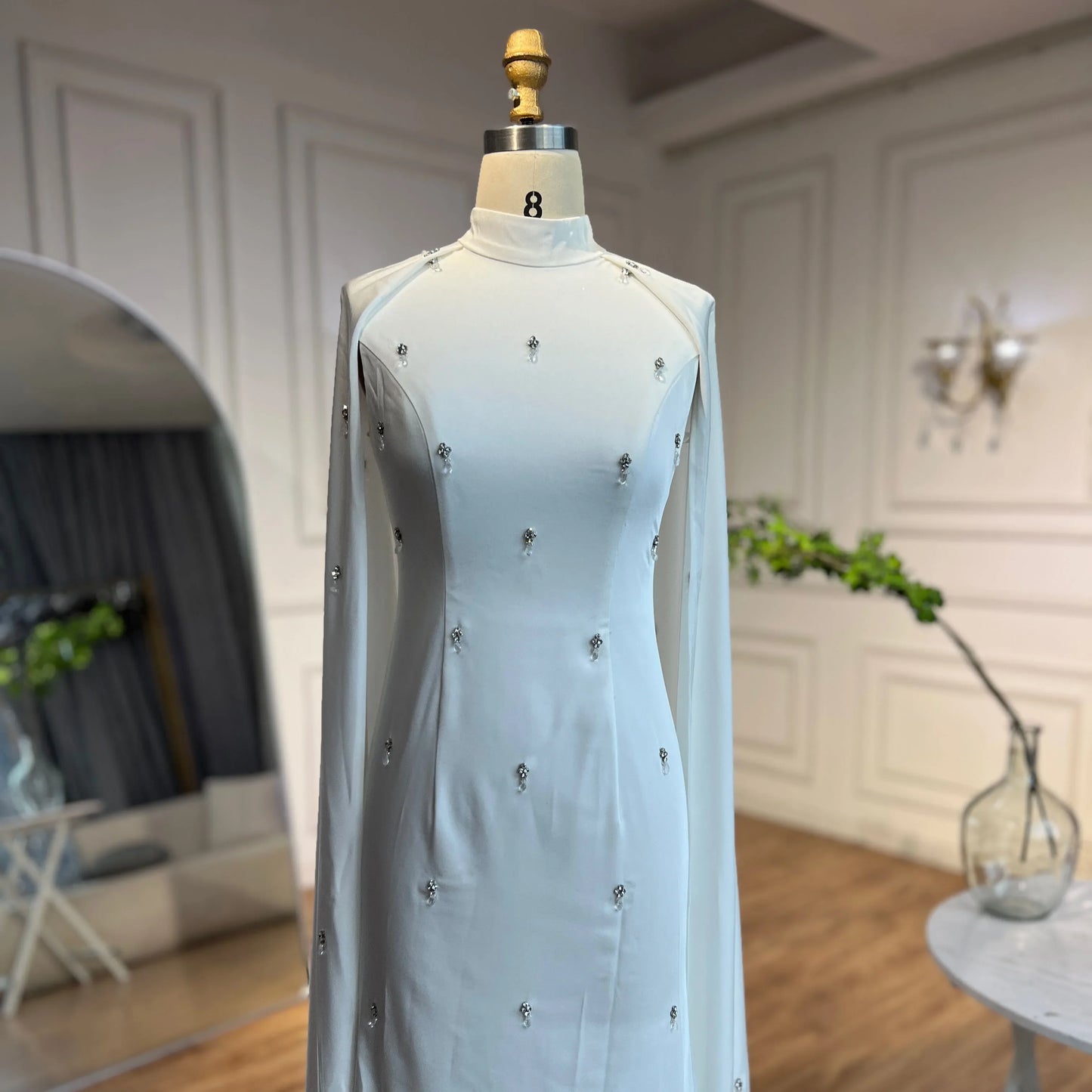 Serene Hill Arabic White Hijabs Mermaid Elegant Long Cloak Beaded Satin Dubai Evening Dresses Gowns For Women Party LA72487