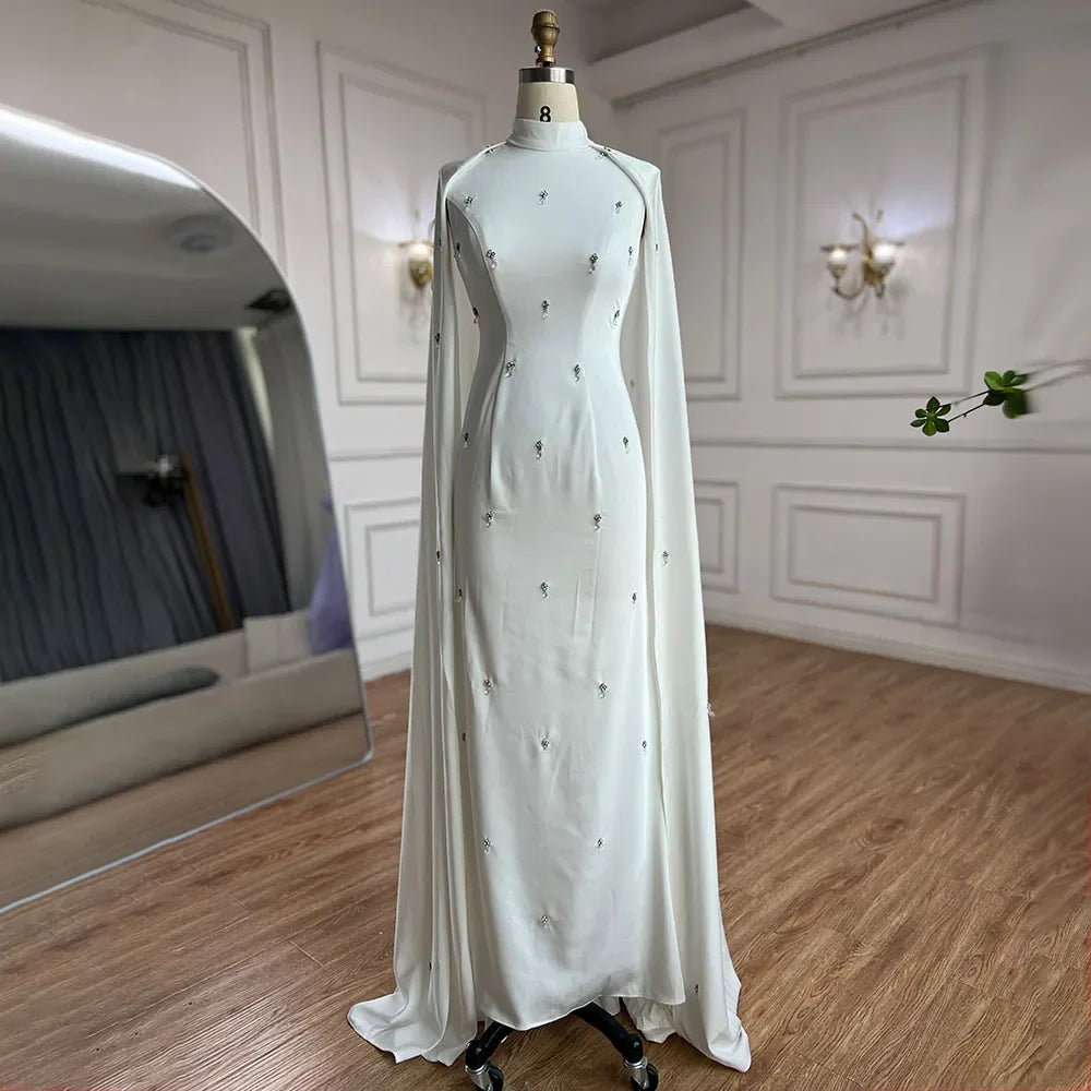 Serene Hill Arabic White Hijabs Mermaid Elegant Long Cloak Beaded Satin Dubai Evening Dresses Gowns For Women Party LA72487