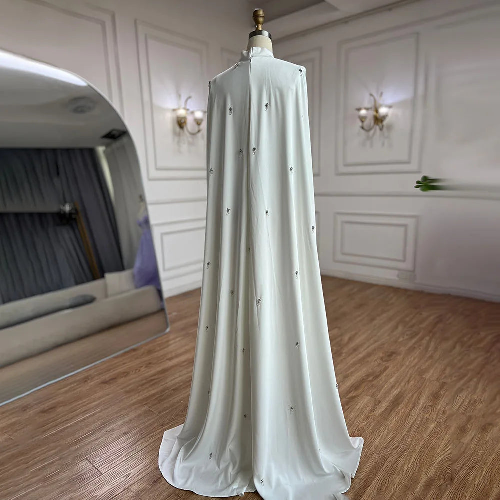 Serene Hill Arabic White Hijabs Mermaid Elegant Long Cloak Beaded Satin Dubai Evening Dresses Gowns For Women Party LA72487