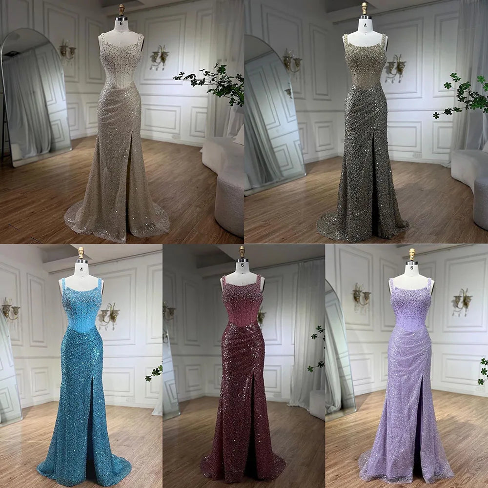 Luxury Dubai Beige Mermaid Floor Length Evening Gowns Luxury Beaded Crystal Spaghetti Strap Party Drsses For Women LA72163