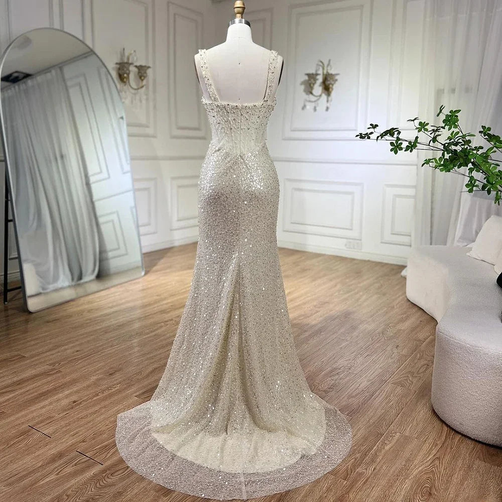 Luxury Dubai Beige Mermaid Floor Length Evening Gowns Luxury Beaded Crystal Spaghetti Strap Party Drsses For Women LA72163