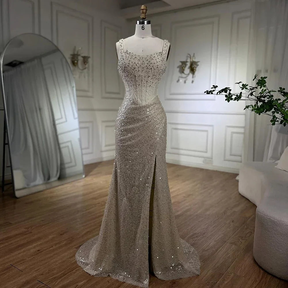 Luxury Dubai Beige Mermaid Floor Length Evening Gowns Luxury Beaded Crystal Spaghetti Strap Party Drsses For Women LA72163