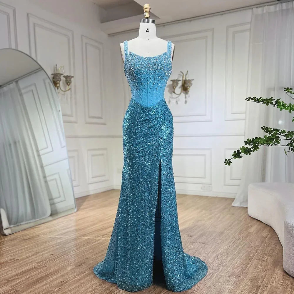 Luxury Dubai Beige Mermaid Floor Length Evening Gowns Luxury Beaded Crystal Spaghetti Strap Party Drsses For Women LA72163