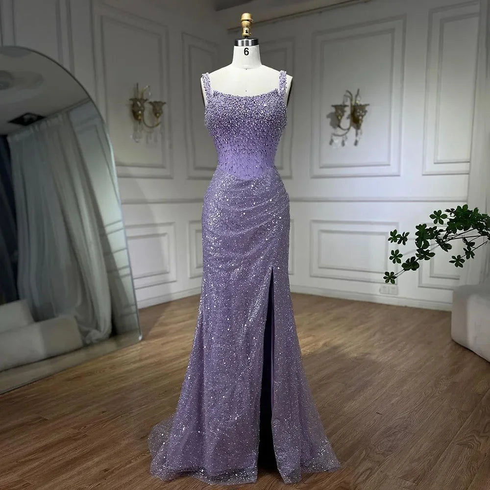 Luxury Dubai Beige Mermaid Floor Length Evening Gowns Luxury Beaded Crystal Spaghetti Strap Party Drsses For Women LA72163